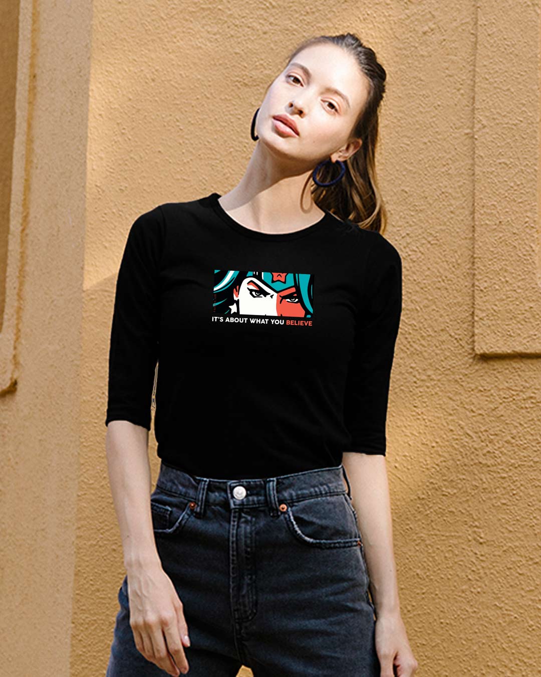 Believe in wonder woman Round Neck 3/4 Sleeve T-Shirts Black (DCL) Women' Printed Round Neck 3/4 Sleeve T-Shirts Bewakoof.com
Believe in wonder woman Round Neck 3/4 Sleeve T-Shirts Black (DCL) Women' Printed Round Neck 3/4 Sleeve T-Shirts Bewakoof.com
