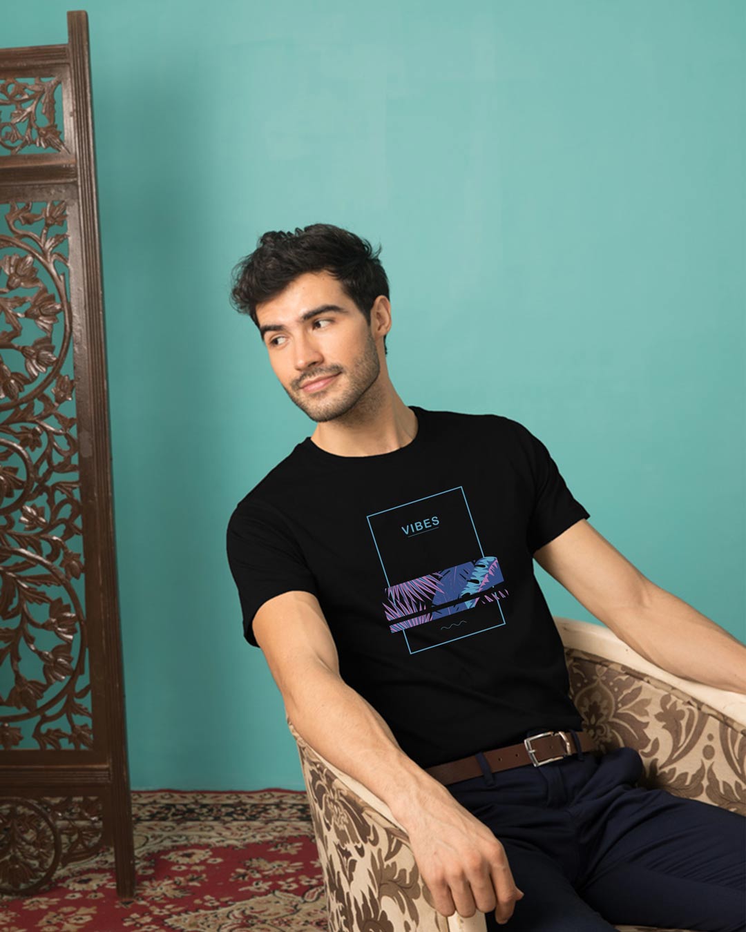 Blue Vibes Half Sleeve T-Shirt Black Men' Printed T-Shirts Bewakoof.com
