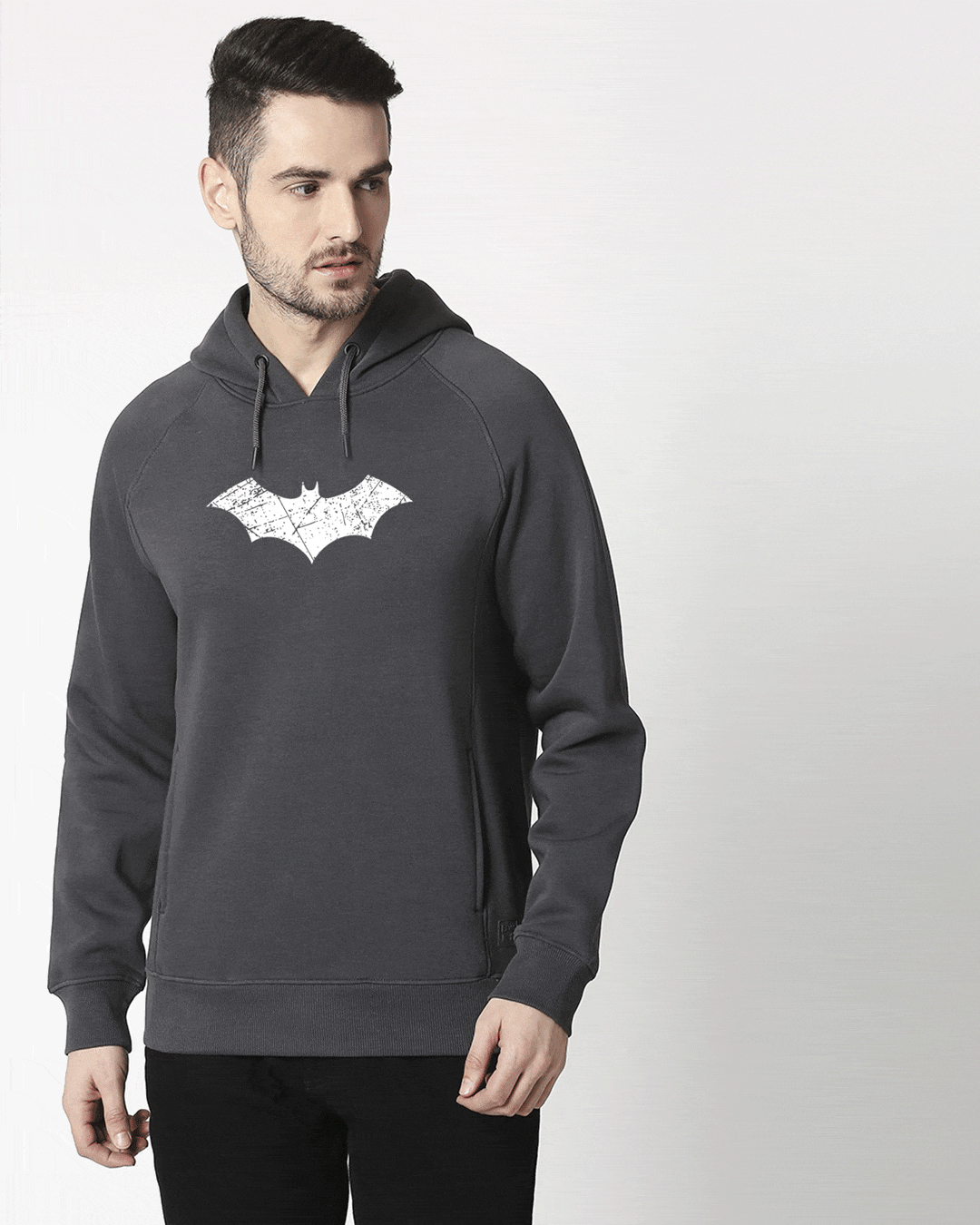 Logo Batman Stylised Panel Hoodie Sweatshirt (BML)(GID) Men' Printed Cut & Sew Sweatshirt Hoodie Bewakoof.com, Grey 
Logo Batman Stylised Panel Hoodie Sweatshirt (BML)(GID) Men' Printed Cut & Sew Sweatshirt Hoodie Bewakoof.com, Grey