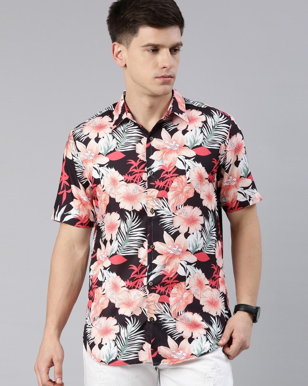 Buy Men S Black Wild Leaf Floral Printed Slim Fit Shirt Online At Bewakoof