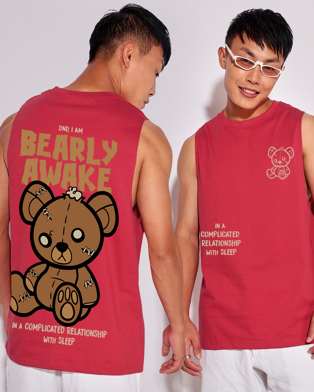 Buy Men S Red Bearly Awake Graphic Printed Oversized Vest Online At