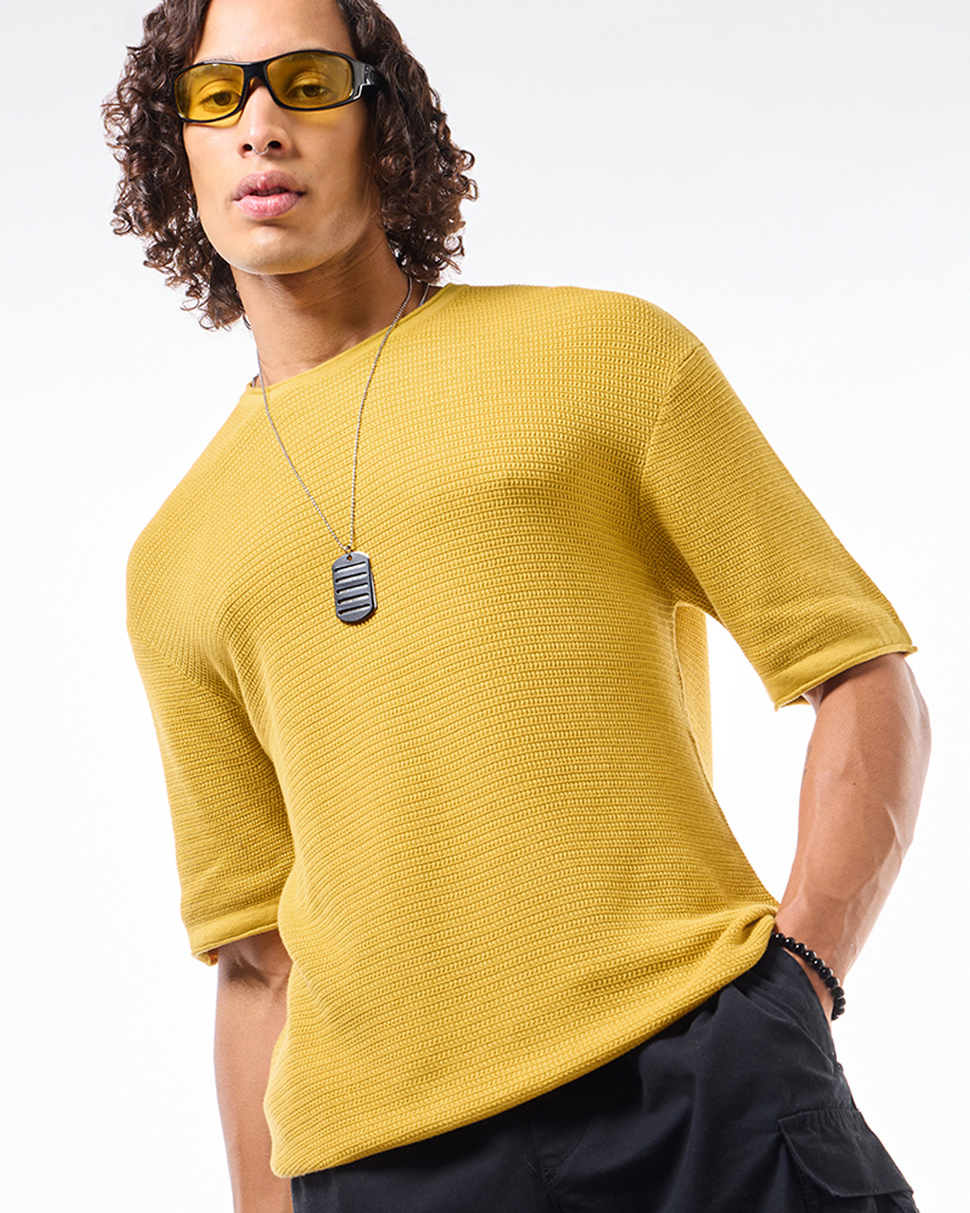 Buy Men S Yellow Textured Oversized Flatknit T Shirt Online At Bewakoof