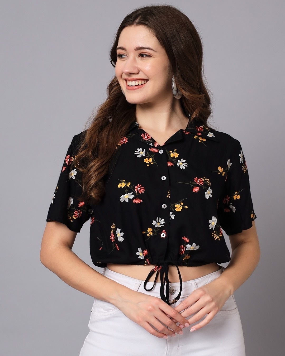 Buy Women S Black All Over Floral Printed Short Top Online At Bewakoof