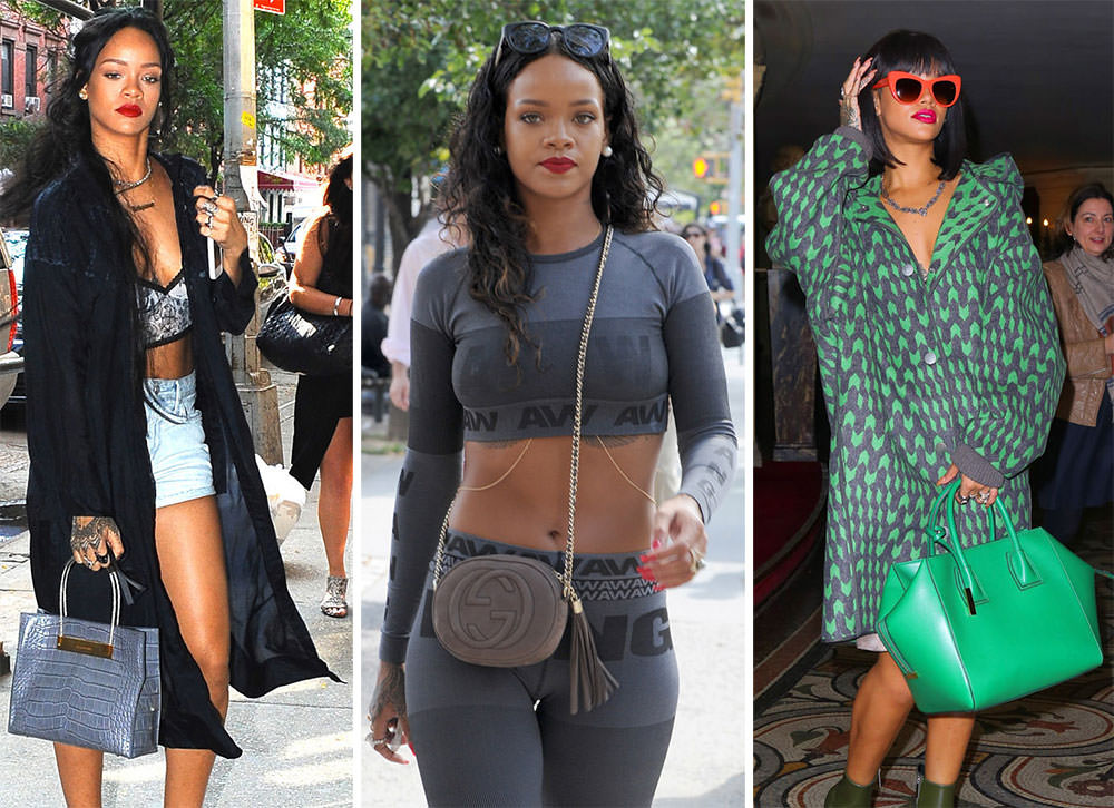 Rihanna with a small backpack or belt bag