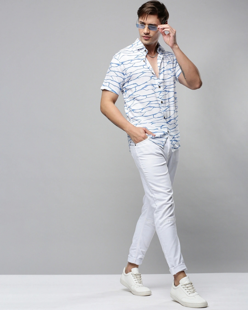 Men's White Abstract Printed Slim Fit Shirt - Gifts for Dad to be