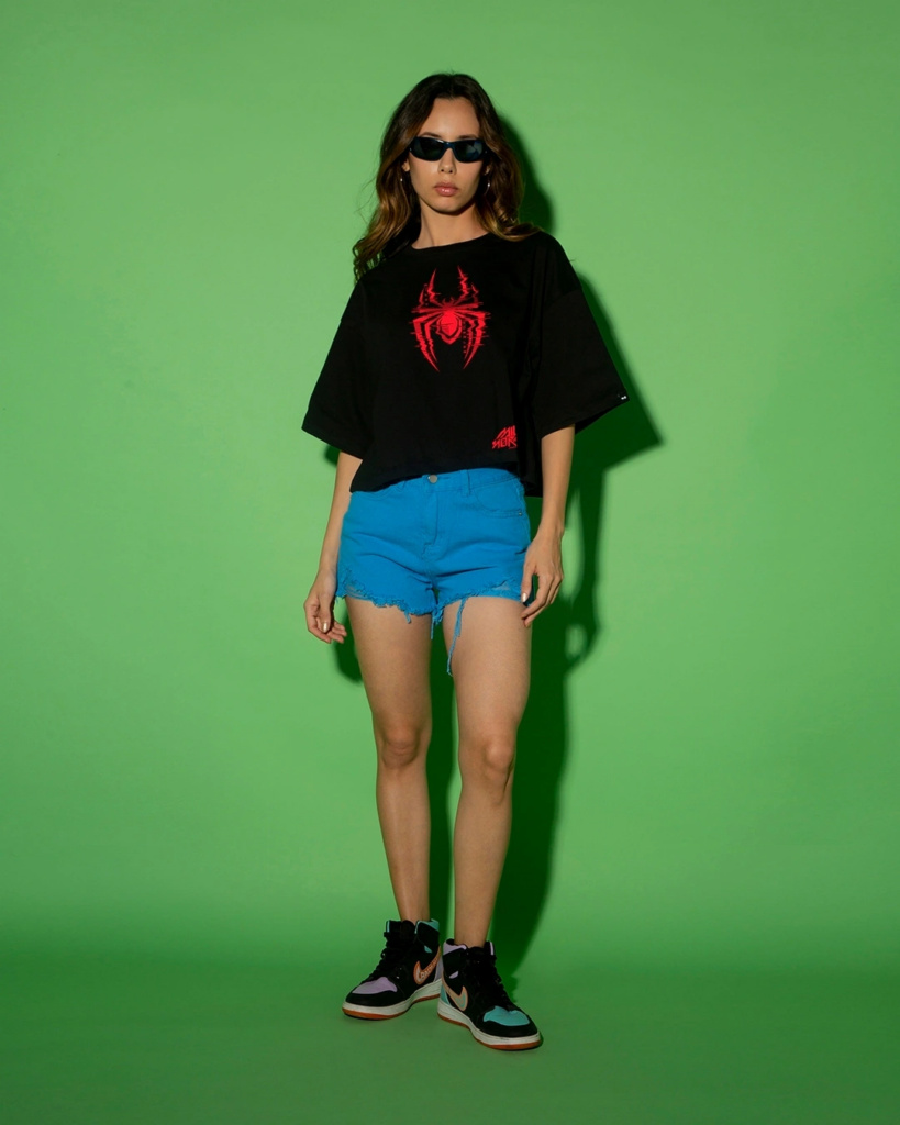 Women's Black Across The Spiderverse Graphic Printed Oversized Short Top