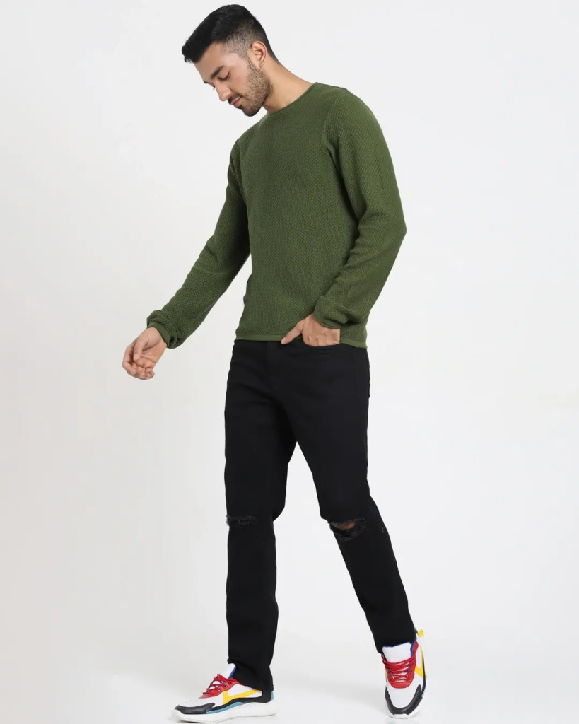 Men's Olive Flat Knits Sweater - Winter Wardrobe Essentials