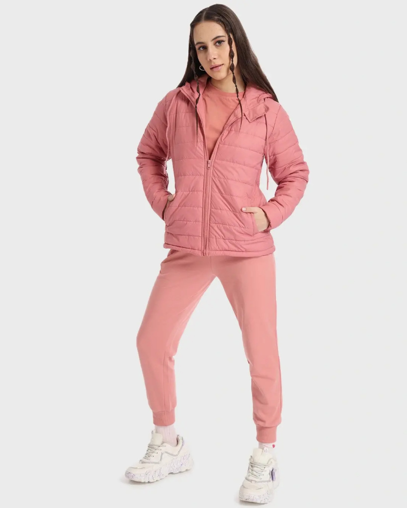 Women's Pink Relaxed Fit Puffer Jacket