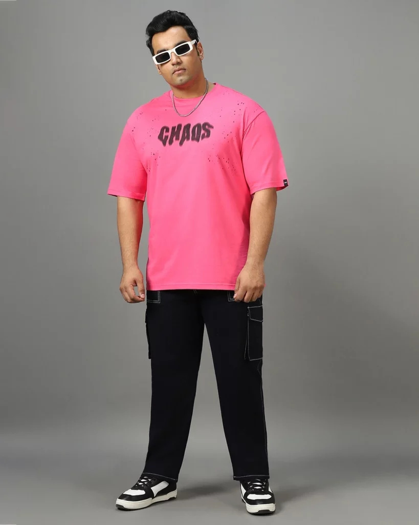 pink t shirt combination with black pant for men