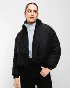 model wearing jacket with Black Shorts