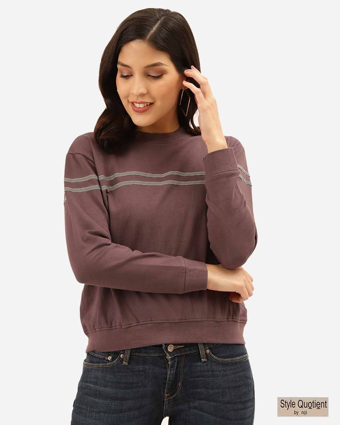 Buy Women's Charcoal Grey Solid Sweatshirt With Striped Detail Online