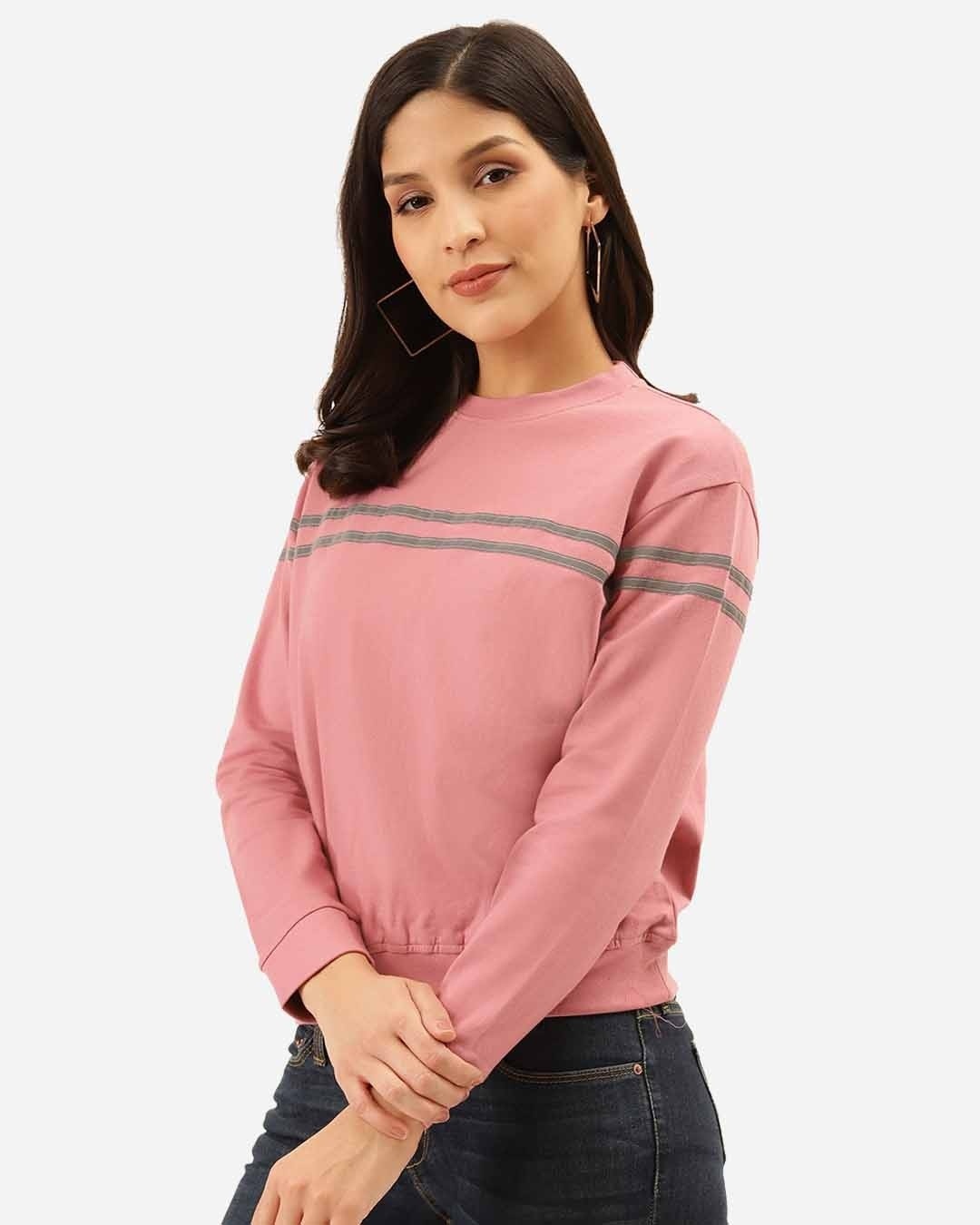 Shop Women's Dusty Pink & Grey Solid Sweatshirt With Striped Detail-Back
