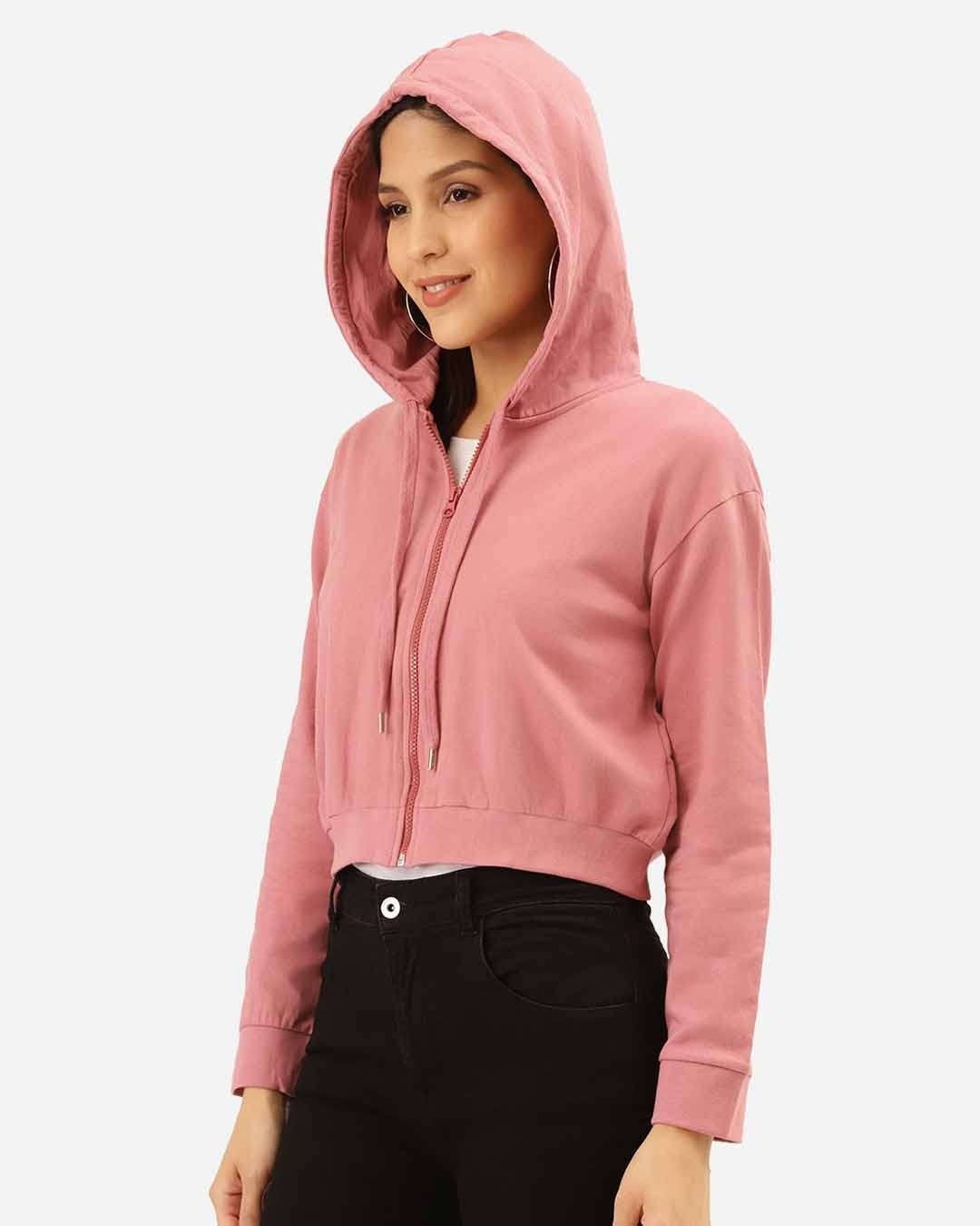 Shop Women's Pink Solid Hooded Crop Sweatshirt-Back
