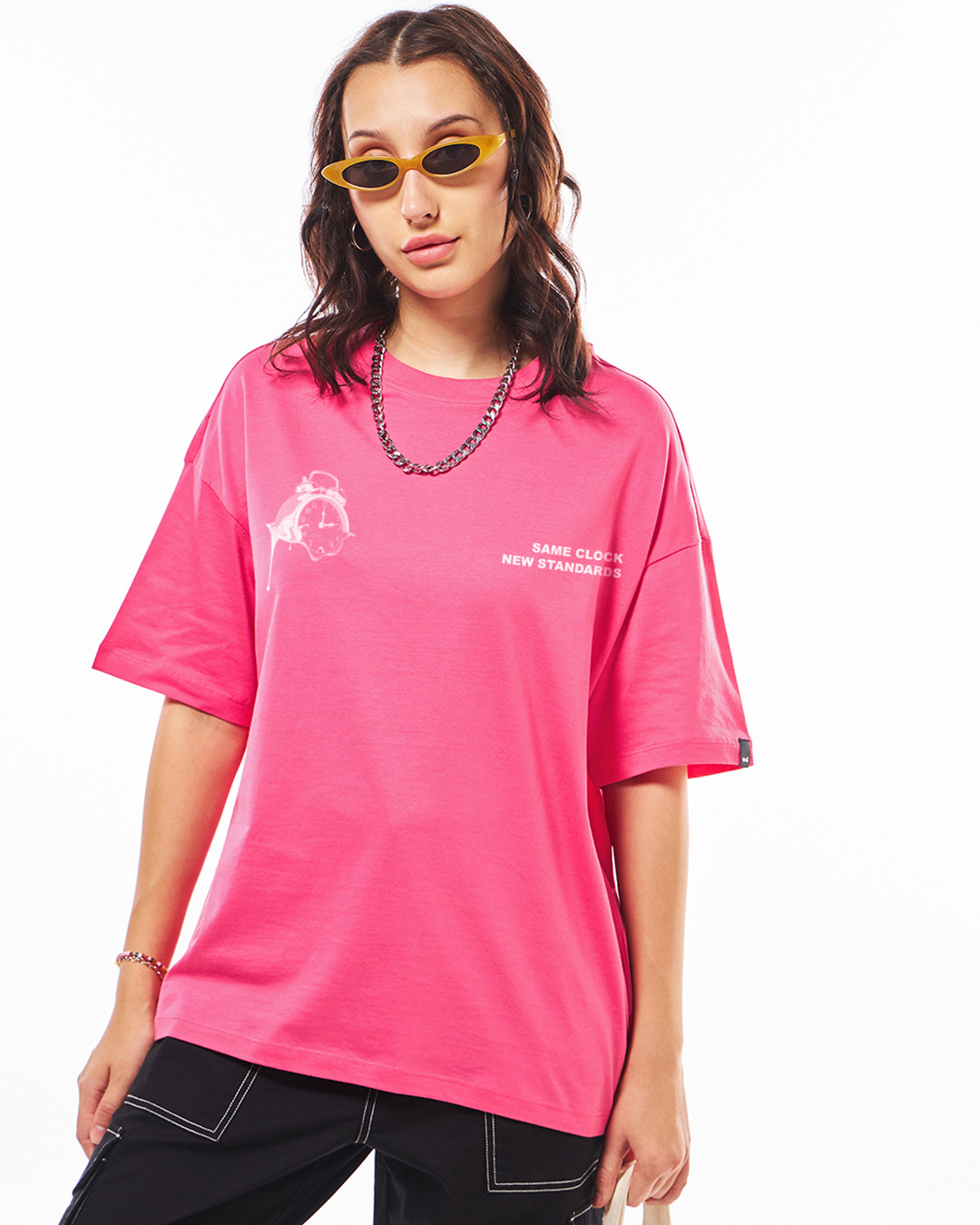 Shop Women's Fandango Pink Clock Typography Oversized T-shirt-Back