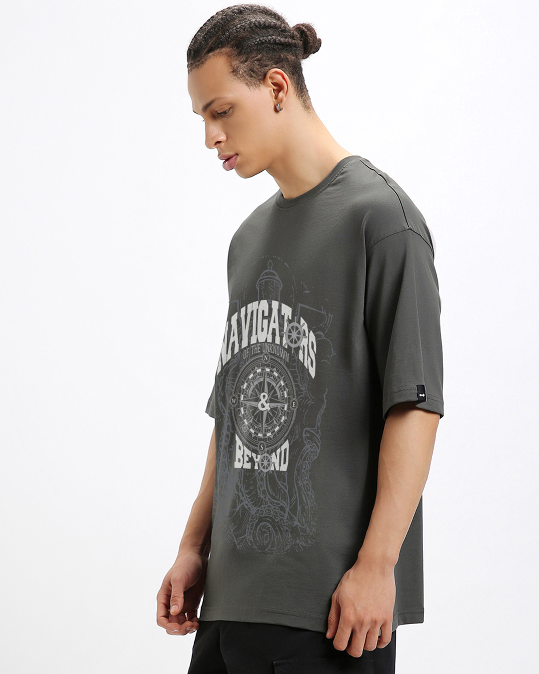 Shop Men's Dark Shadow Grey Navigators Graphic Printed Oversized T-shirt-Back