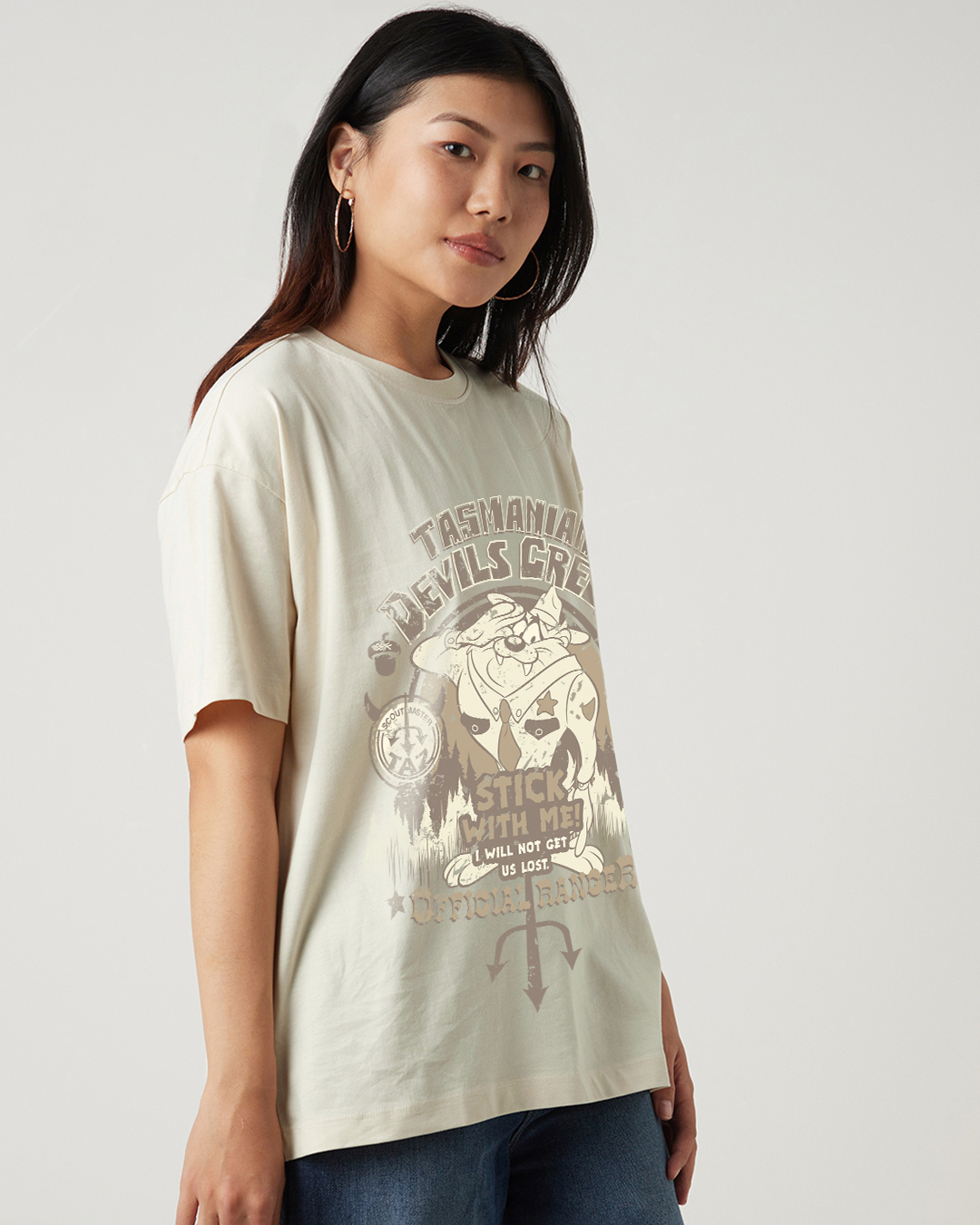Shop Women's Beige Devils Creek Graphic Printed Oversized T-shirt-Back