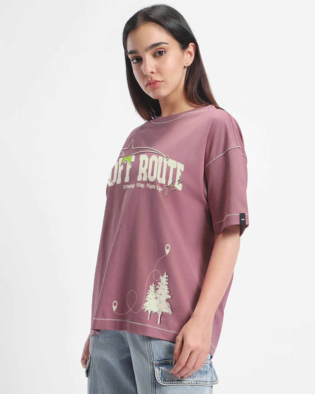 Shop Women's Mellow Mauve Purple Off Route Graphic Printed Oversized T-shirt-Back