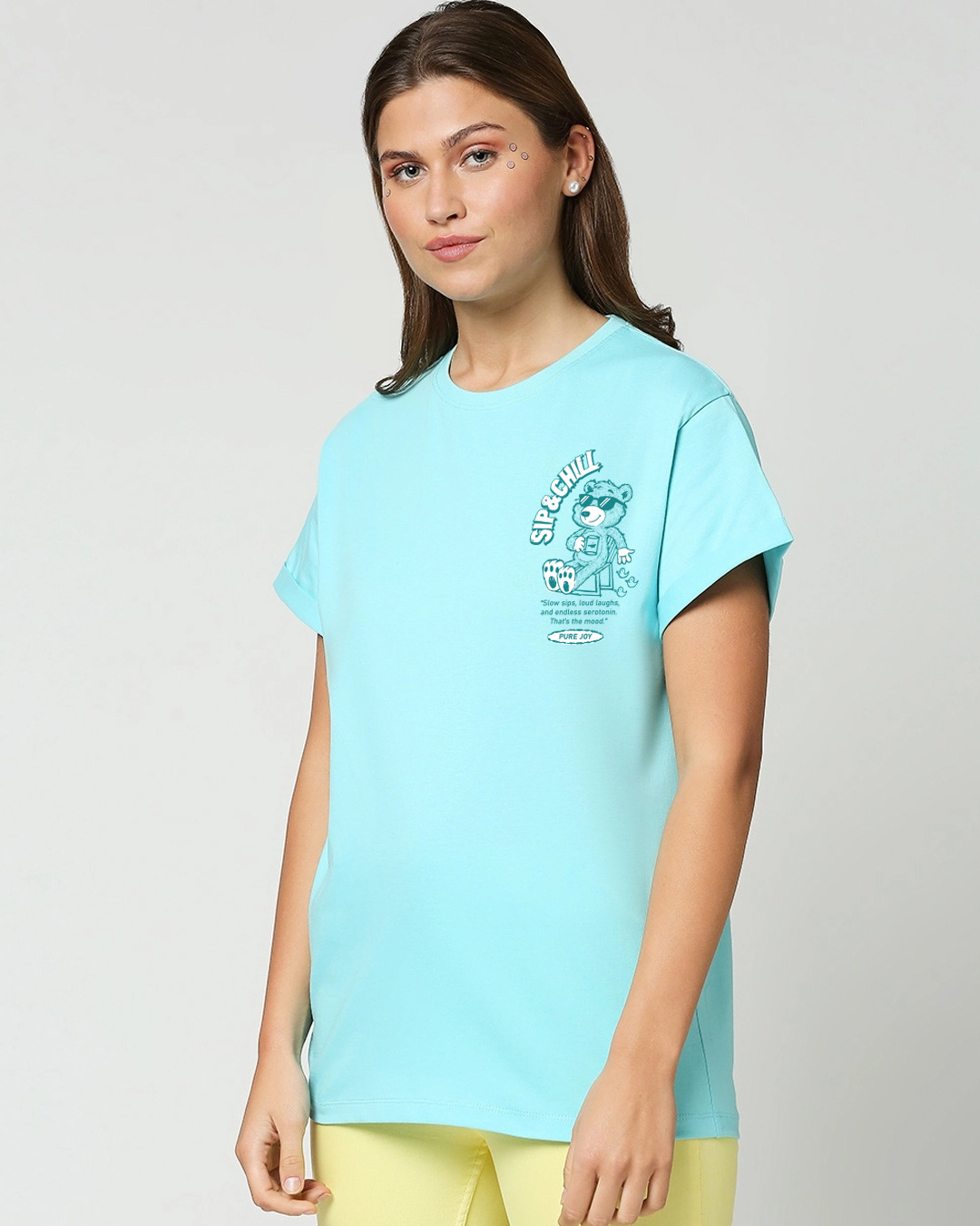 Shop Women's Aqua Sky Blue Sip Chill Graphic Printed Boyfriend T-shirt-Back