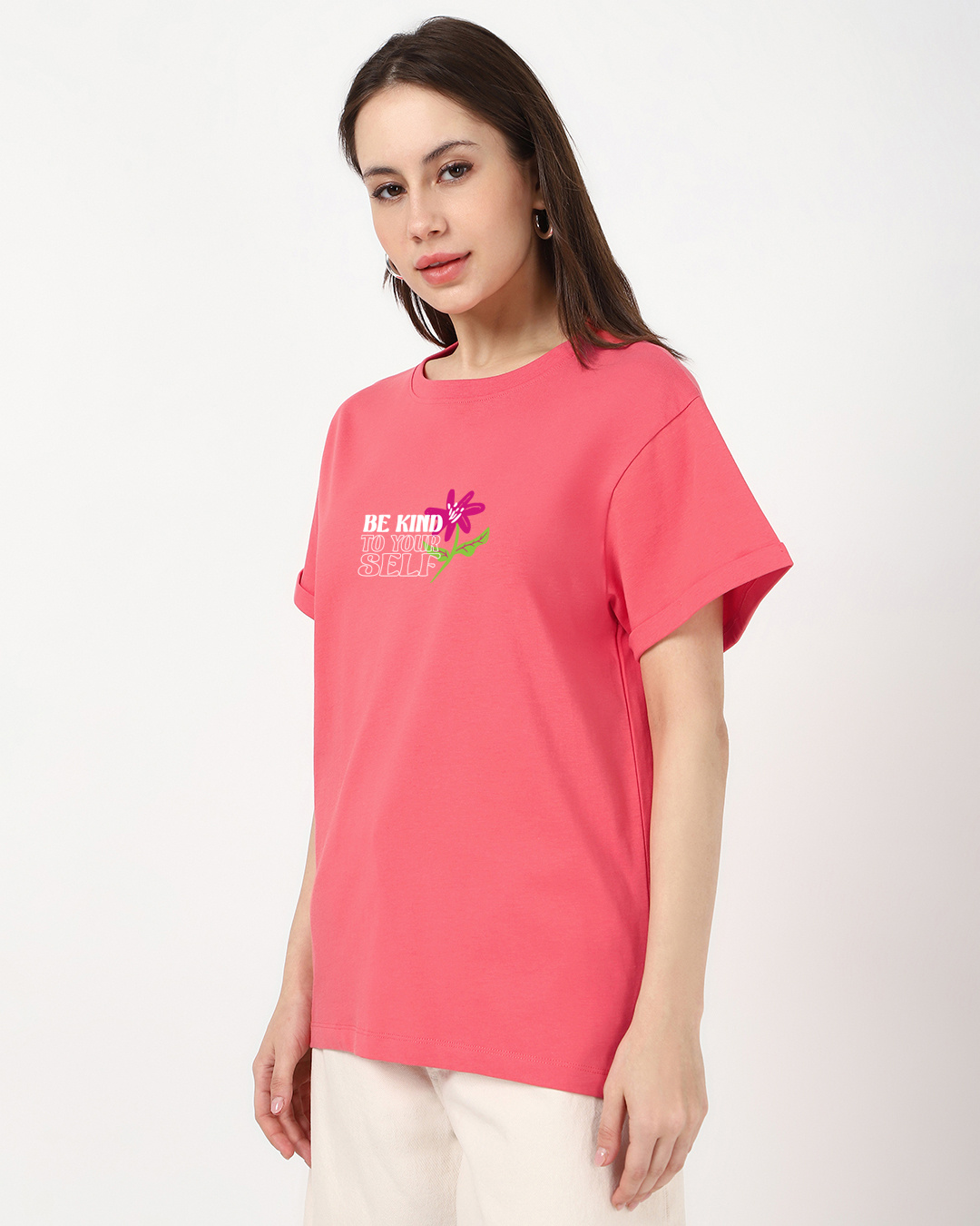 Shop Women's Coral Pink Be Kind Graphic Printed Boyfriend T-shirt-Back