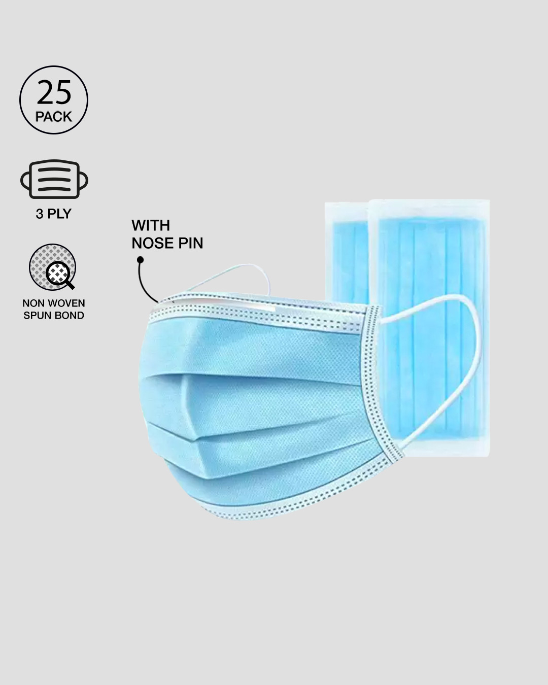 Buy 3 Ply Disposable Mask with Nose Pin (Pack of 25) Online in India at