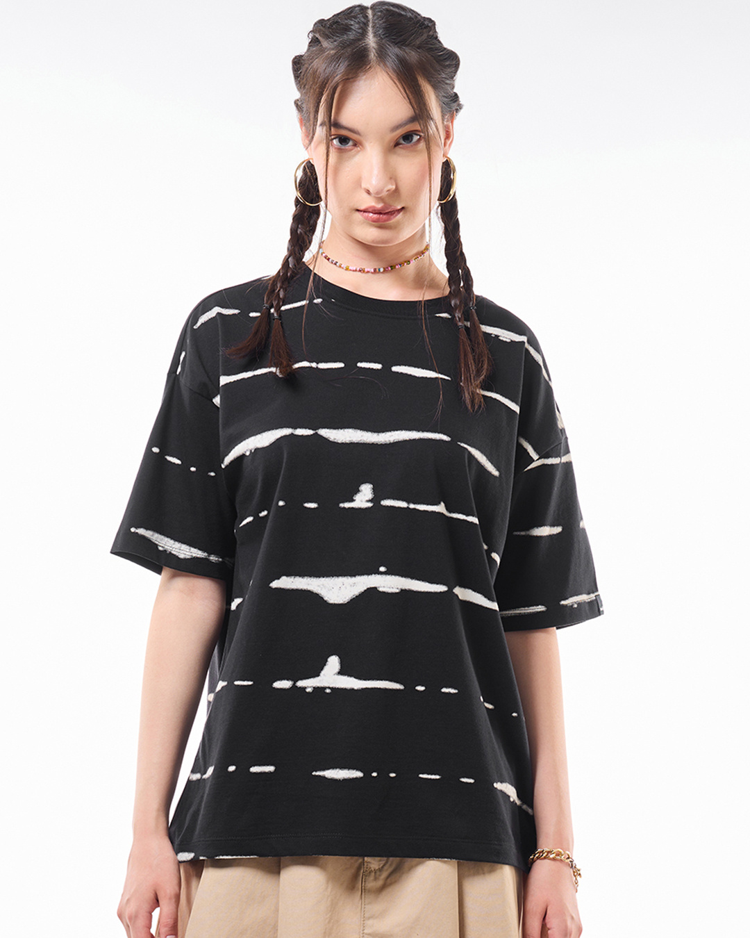 Shop Women's Black & White All Over Printed Oversized T-shirt-Back