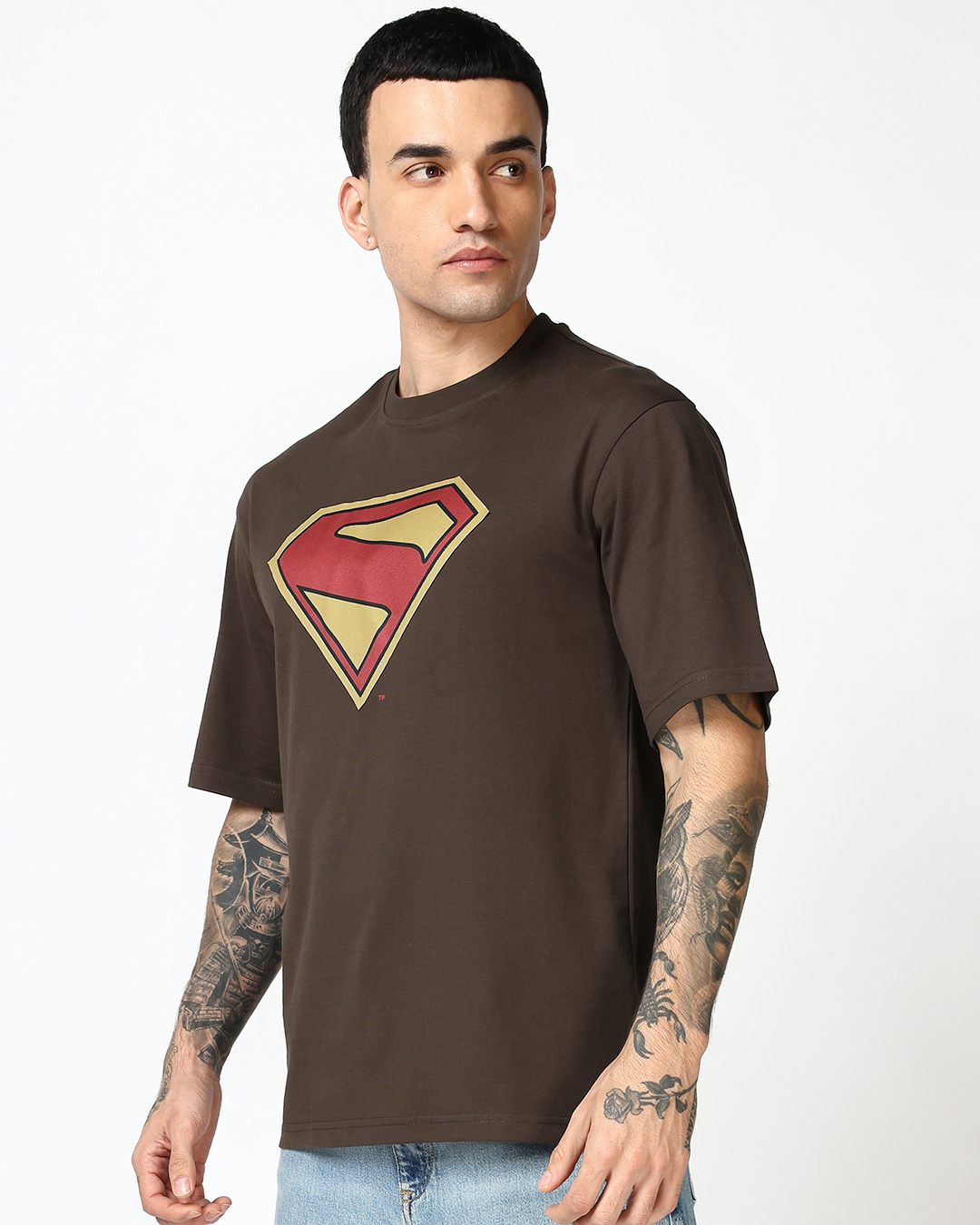 Shop Men's Chocolate Brown Superman Logo Graphic Printed Oversized T-shirt-Back
