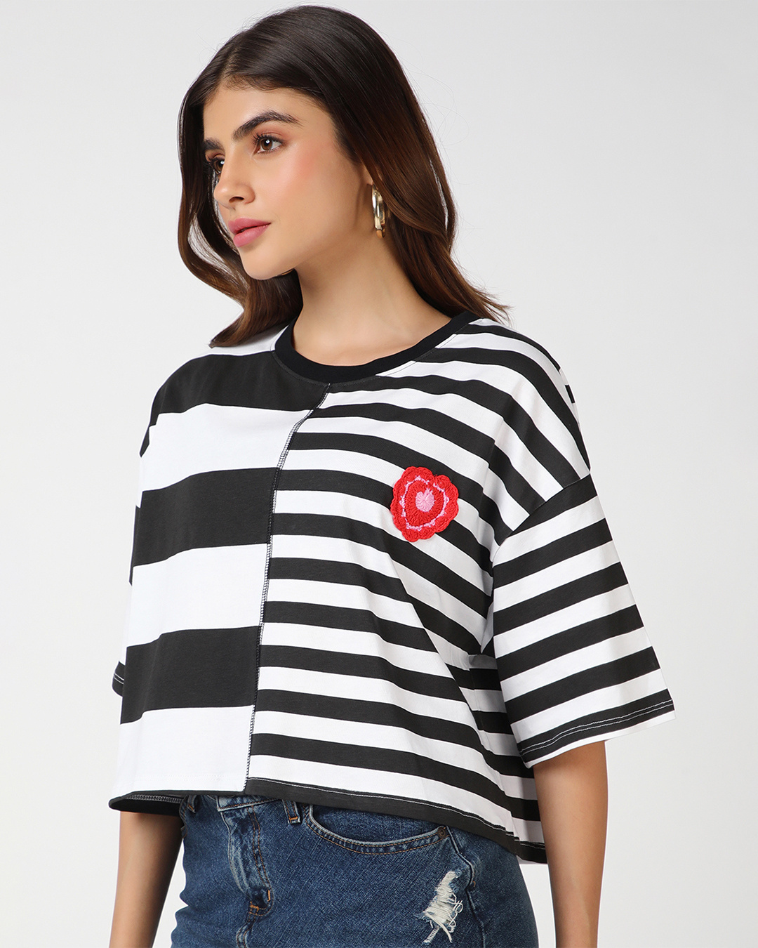 Shop Women's Bright White & Black Striped Oversized Crop T-shirt-Back