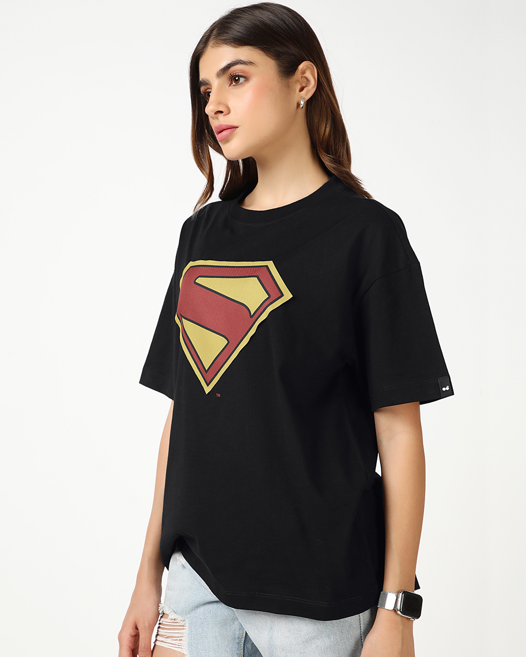 Shop Women's Jet Black Superman Logo Graphic Printed Oversized T-shirt-Back