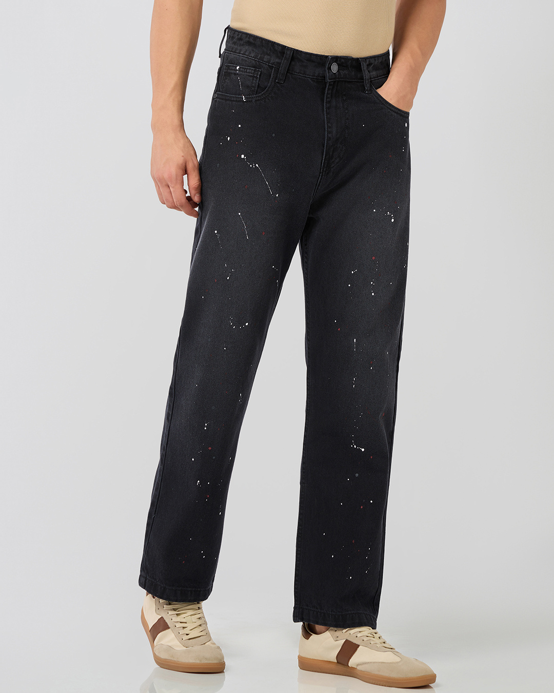 Shop Men's Black Paint Splatter Printed Washed Straight Fit Jeans-Back