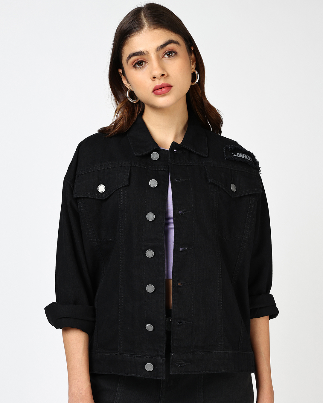 Shop Women's Black Typography Denim Jacket-Back