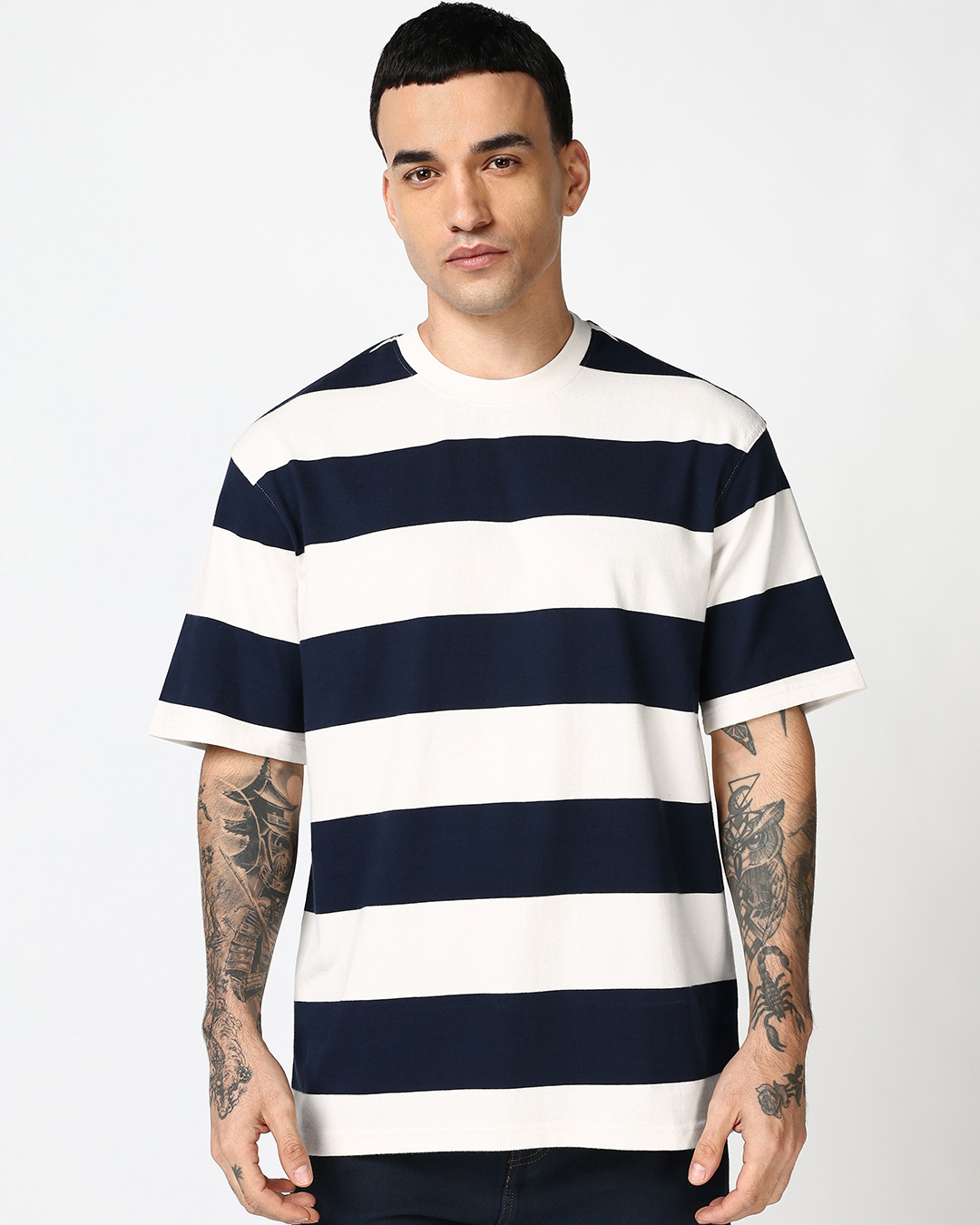 Shop Men's Blue & White Striped Oversized T-shirt-Back