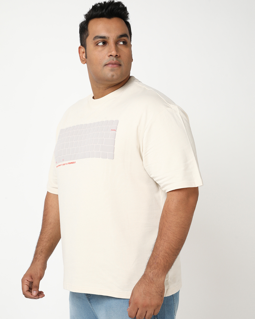 Shop Men's Beige Keyboard Graphic Printed Oversized Plus Size T-shirt-Back