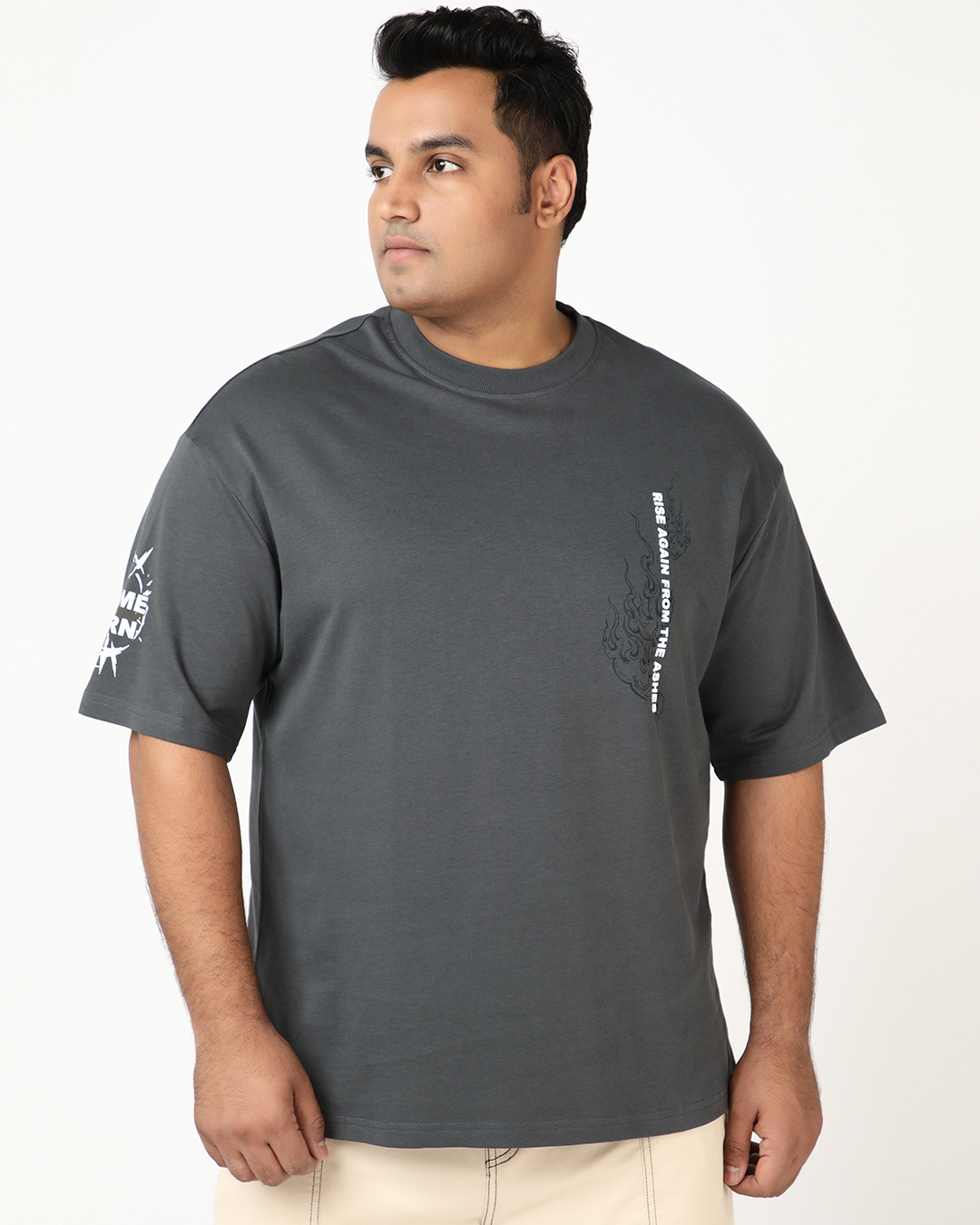 Shop Men's Dark Shadow Grey Rise Again Graphic Printed Oversized Plus Size T-shirt-Back