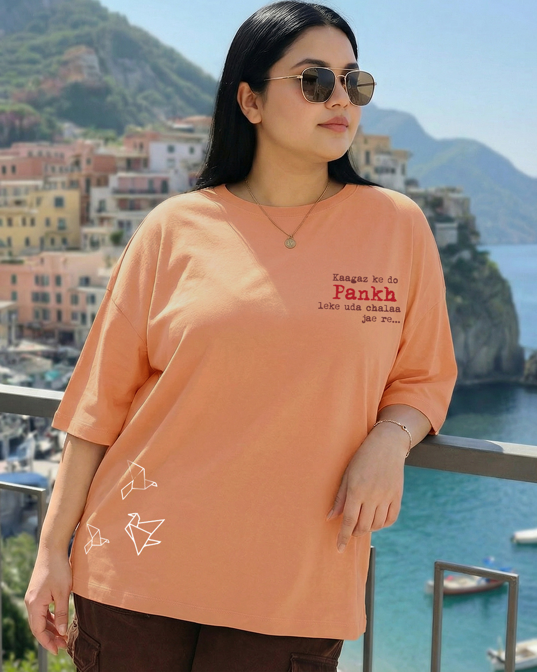 Shop Women's Caramel Orange Pankh Graphic Printed Oversized Plus Size T-shirt-Back