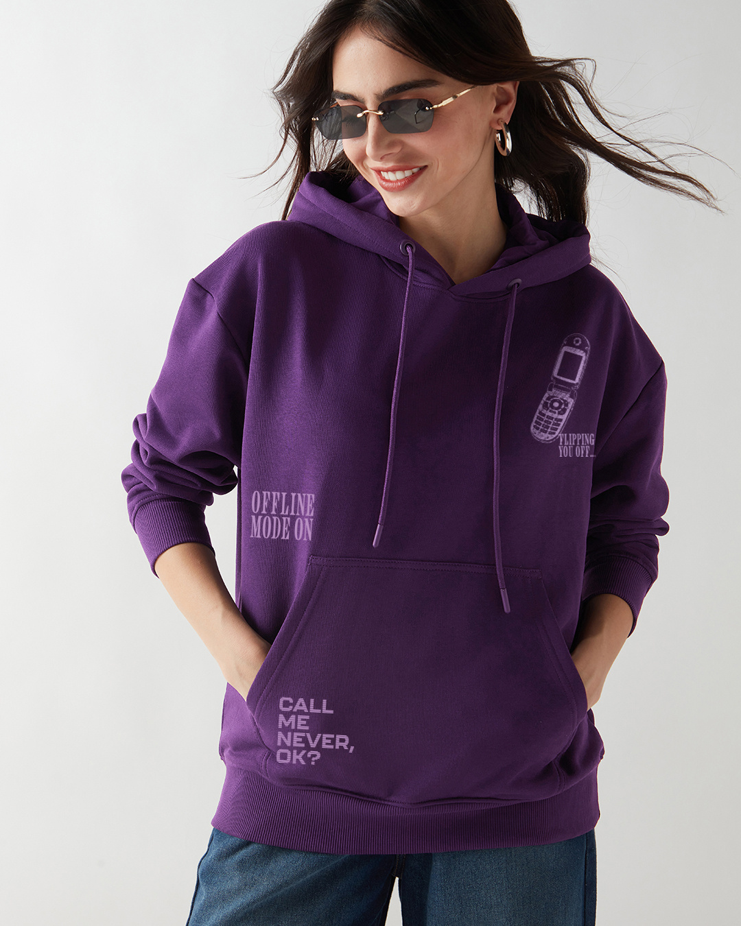 Shop Women's Purple Offline Graphic Printed Oversized Hoodies-Back