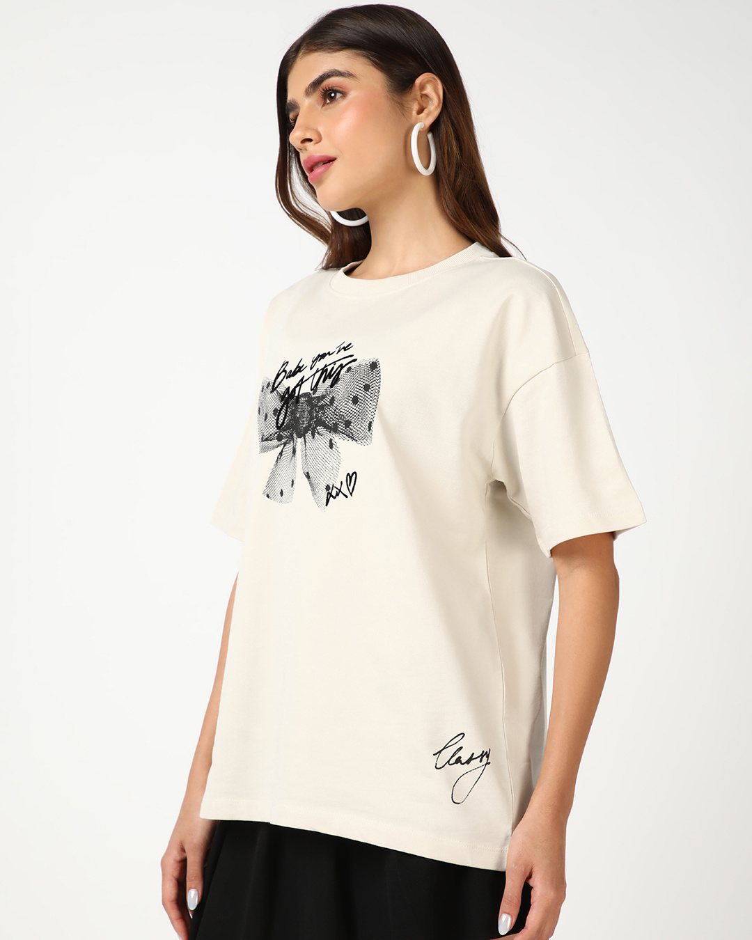 Shop Women's Beige Glassy Graphic Printed Oversized T-shirt-Back