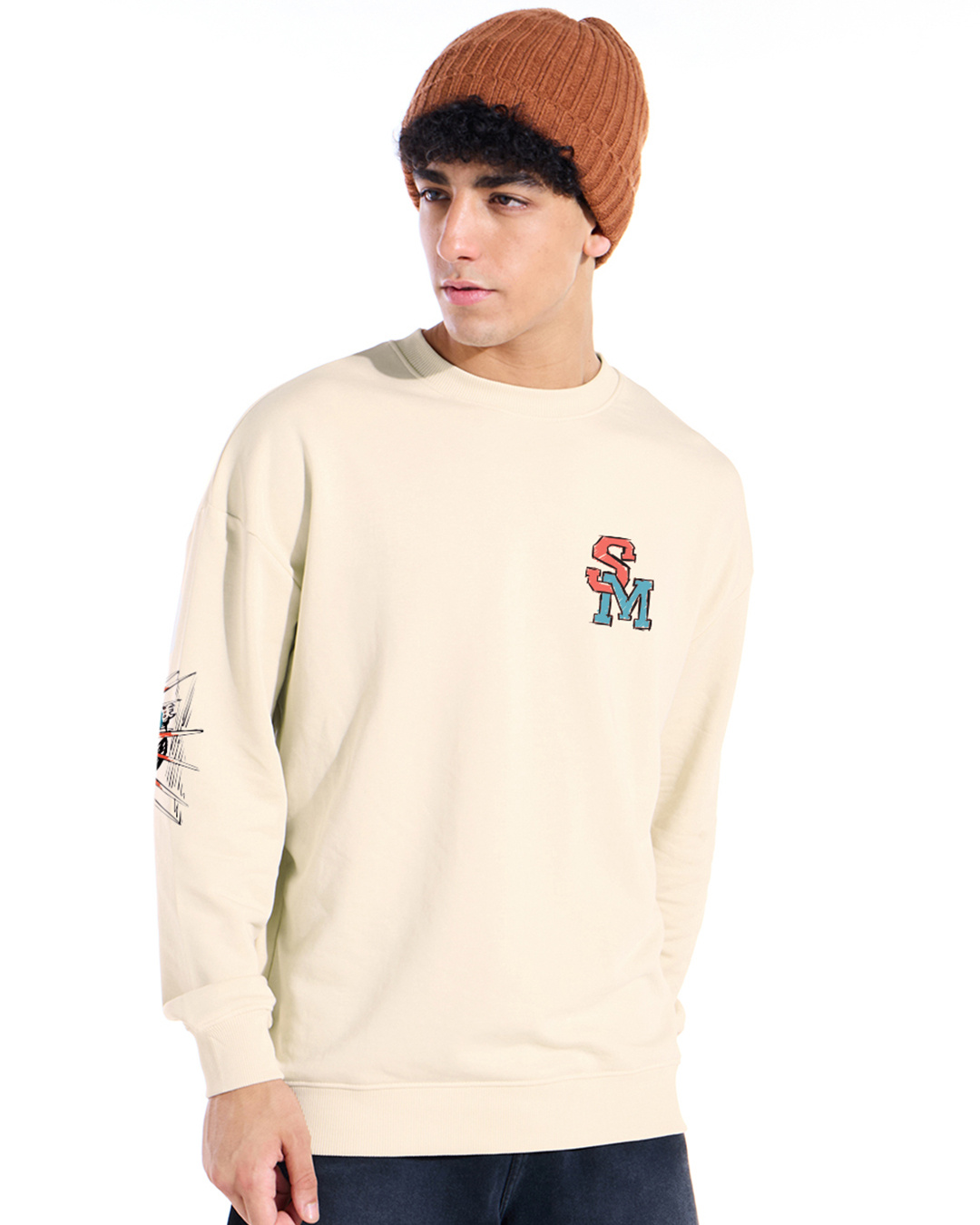 Shop Men's Beige Home Made Graphic Printed Oversized Sweatshirt-Back