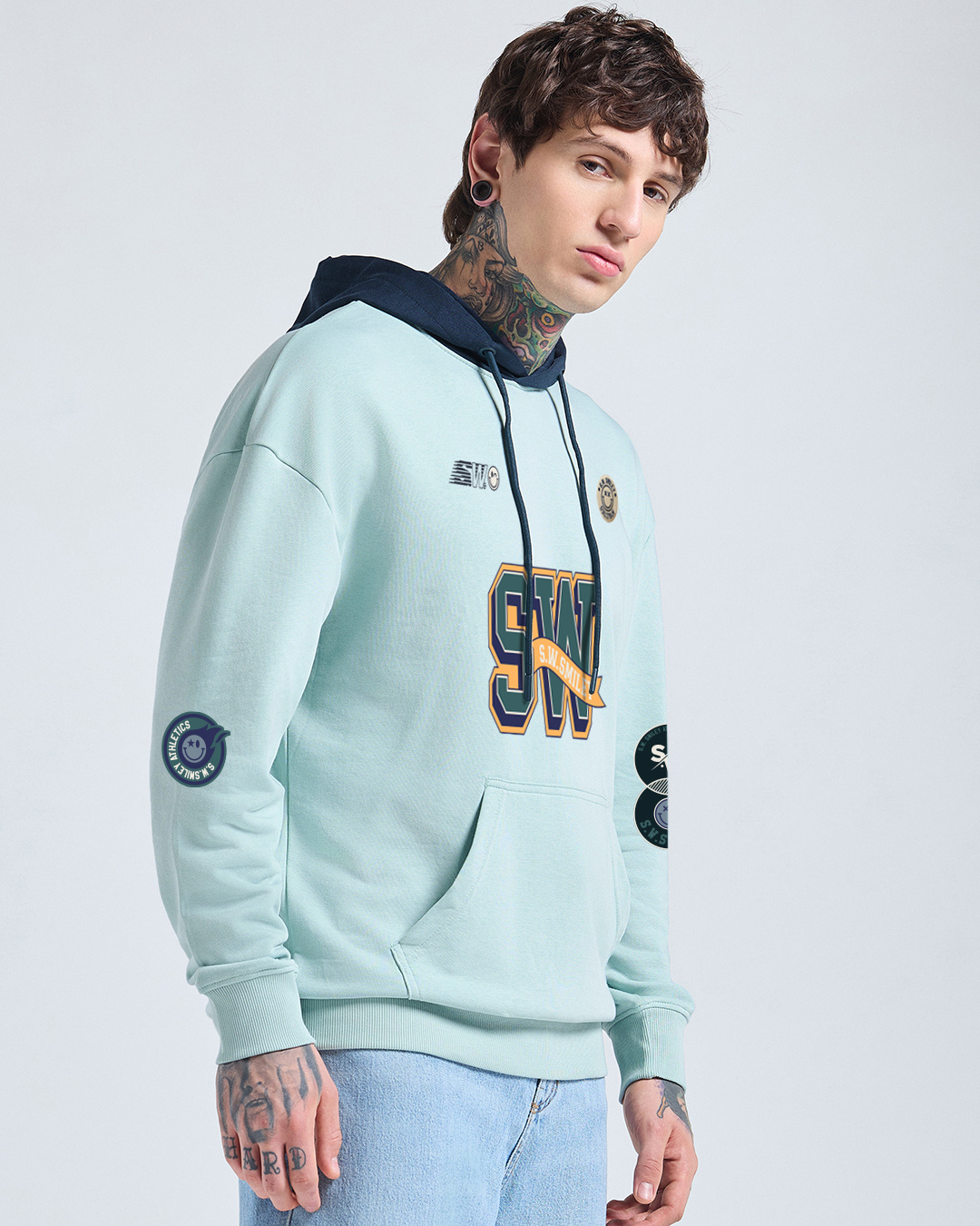 Shop S.W.Smiley Men's Green & Navy Blue Athletic Typography Oversized Hoodies-Back