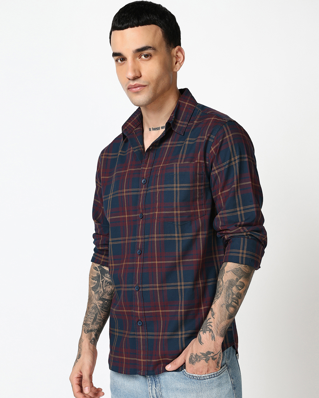 Shop Men's Blue & Maroon Checked Shirts-Back
