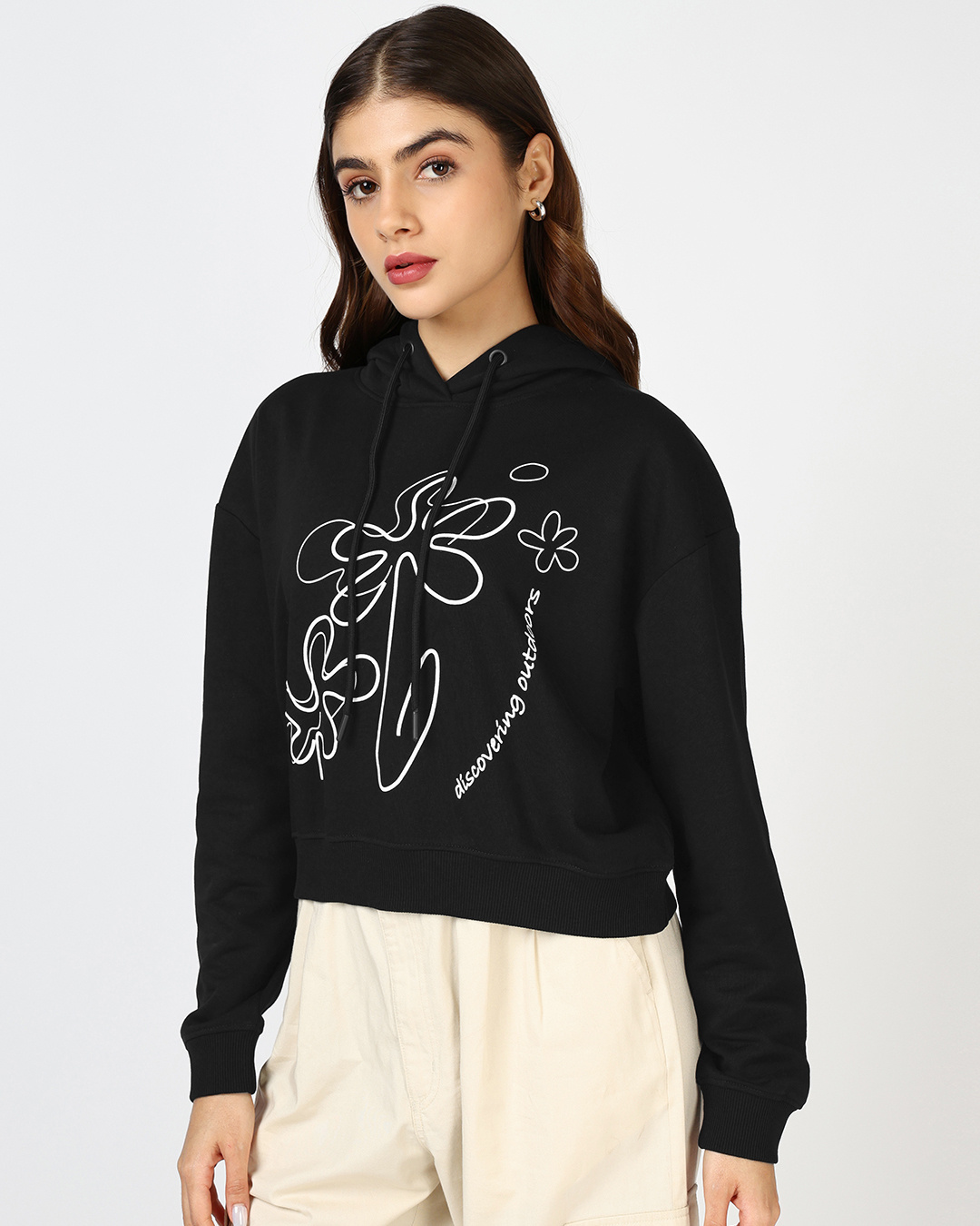 Shop Women's Black Graphic Printed Oversized Crop Hoodies-Back
