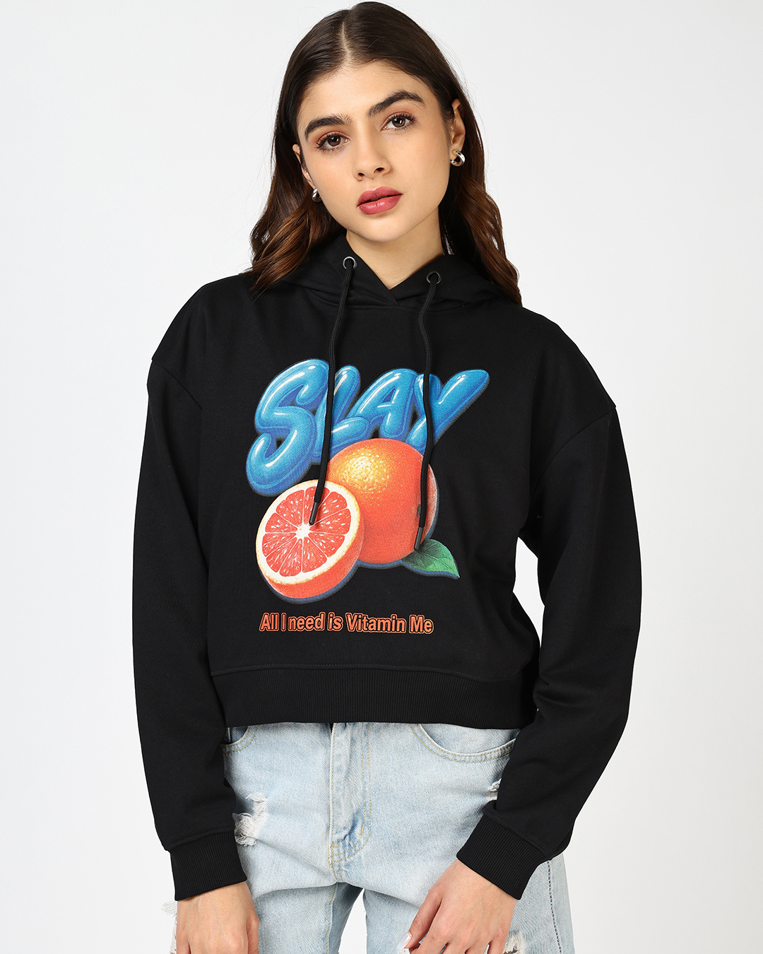 Shop Women's Black Slay  Graphic Printed Oversized Crop Hoodies-Back