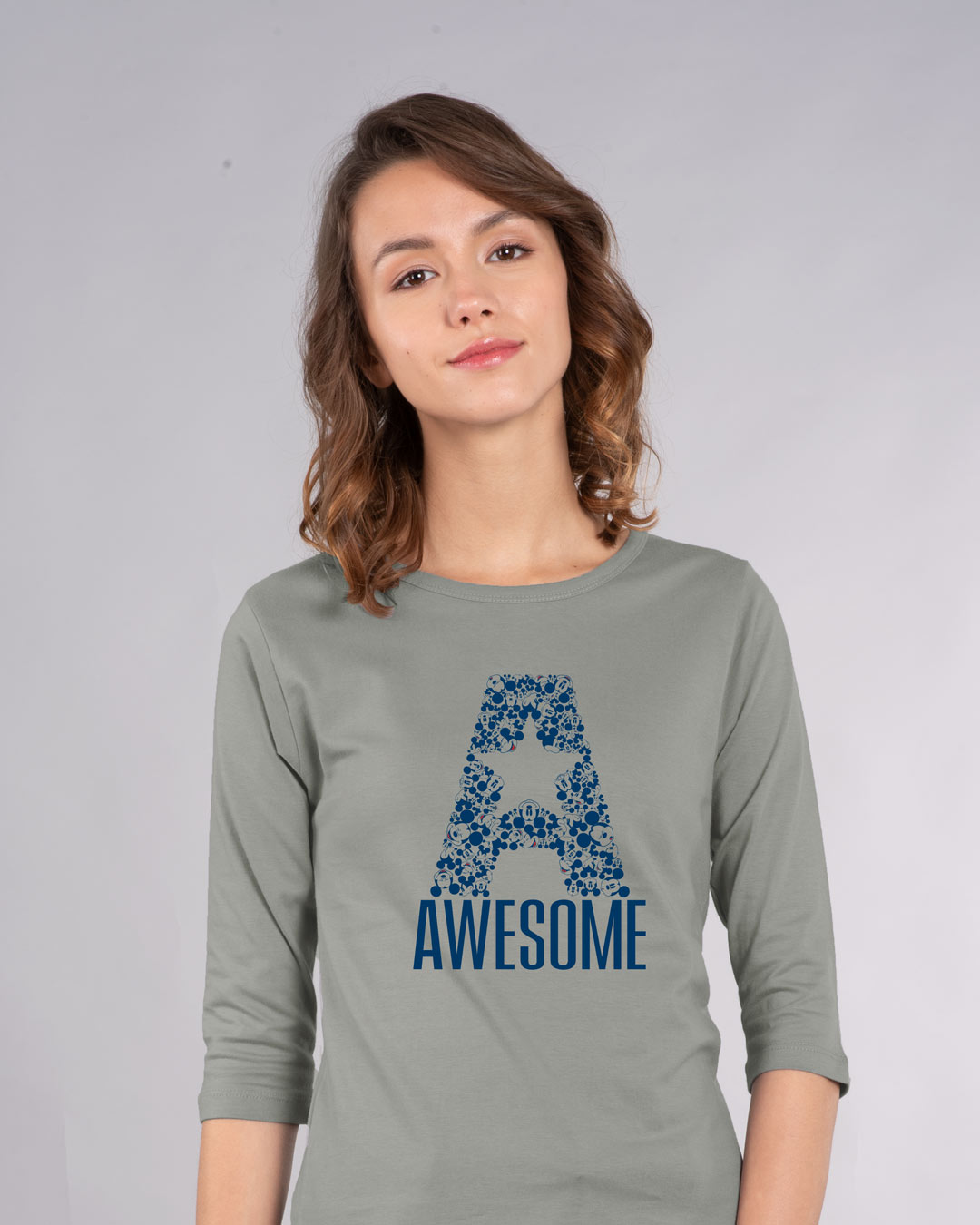 A For Awesome Mickey Round Neck 3/4th Sleeve T-Shirt (DL)