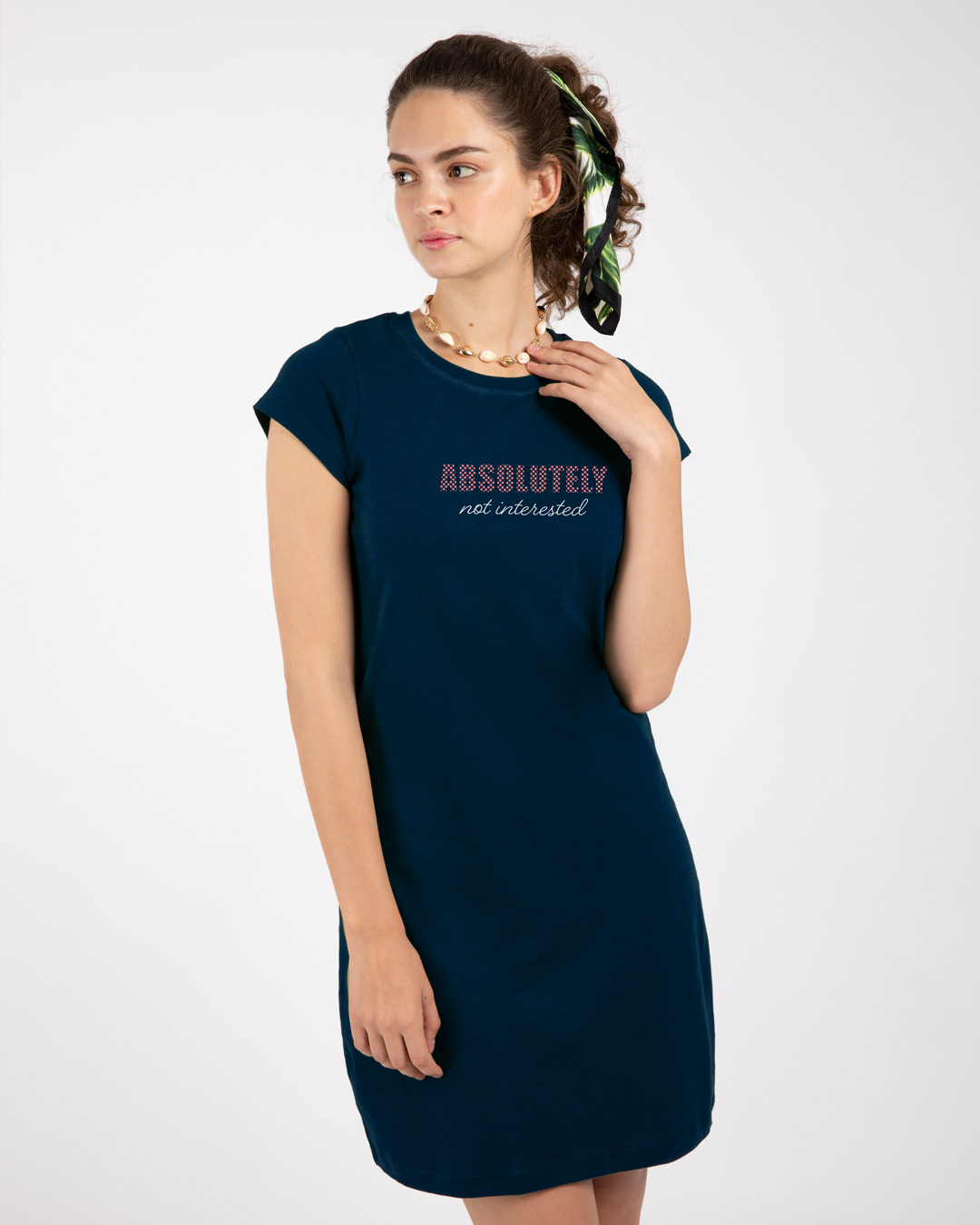 Shop Absolutely Not Interested Cap Sleeve Printed T-Shirt Dress Navy Blue-Back