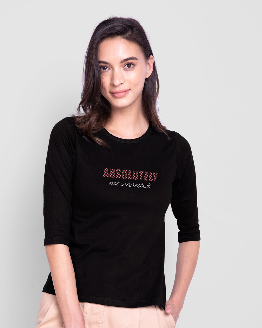 Shop Absolutely Not Interested Round Neck 3/4 Sleeve T-Shirt Black-Back