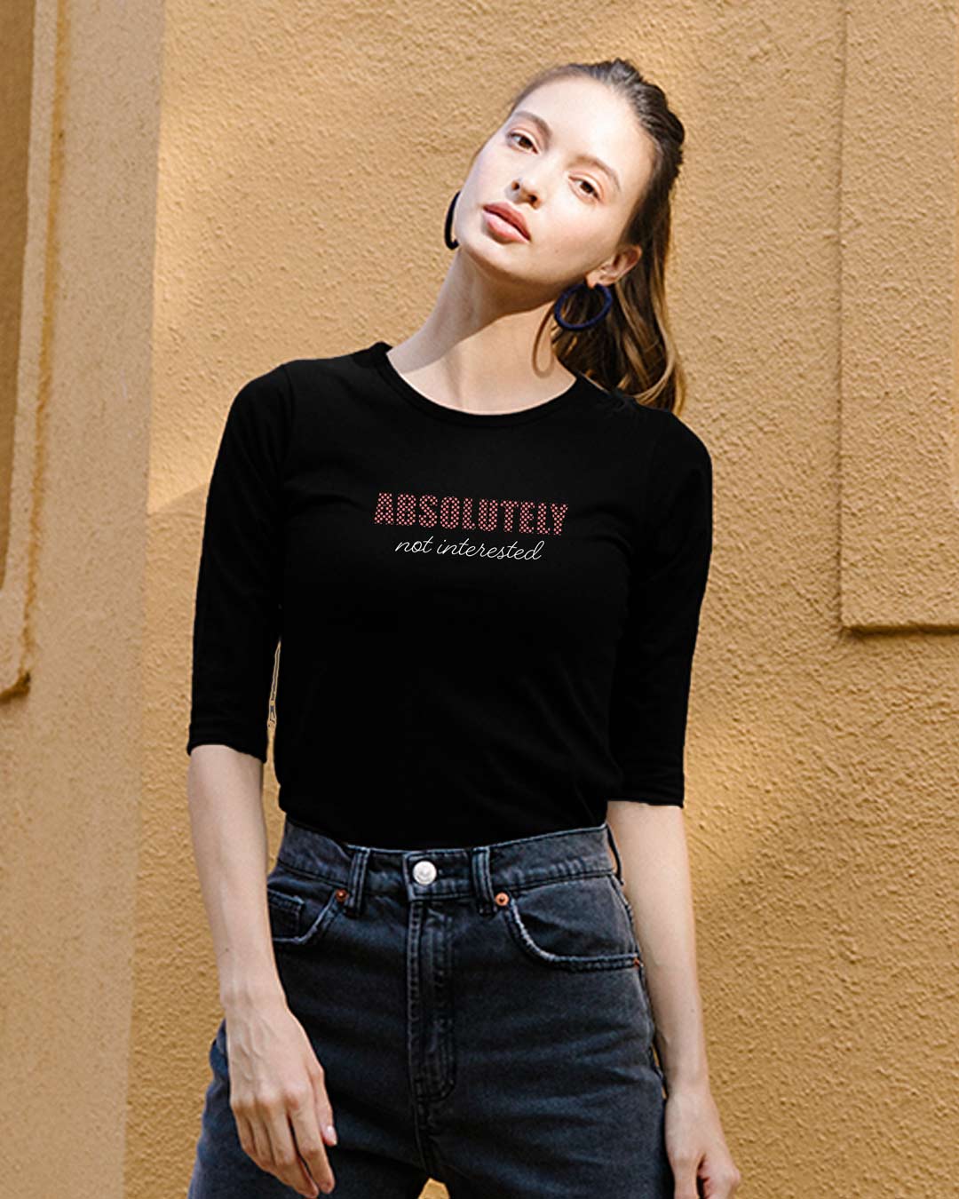 

Absolutely not Interested Round Neck 3/4 Sleeve T-Shirts Black Women' Printed Round Neck 3/4 Sleeve T-Shirts Bewakoof.com