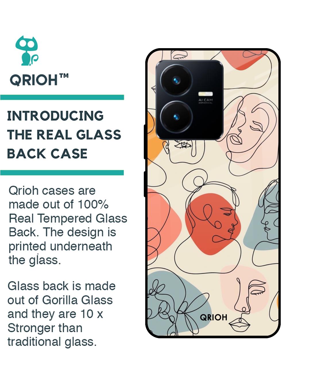 Shop Abstract Faces Printed Premium Glass Case for Vivo Y22 (Shock Proof,Scratch Resistant)-Back