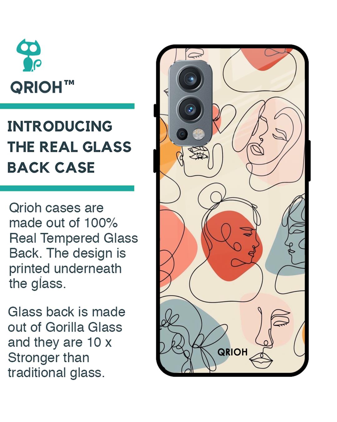 Shop Abstract Faces Printed Premium Glass Cover For OnePlus Nord 2 5G (Impact Resistant, Matte Finish)-Back