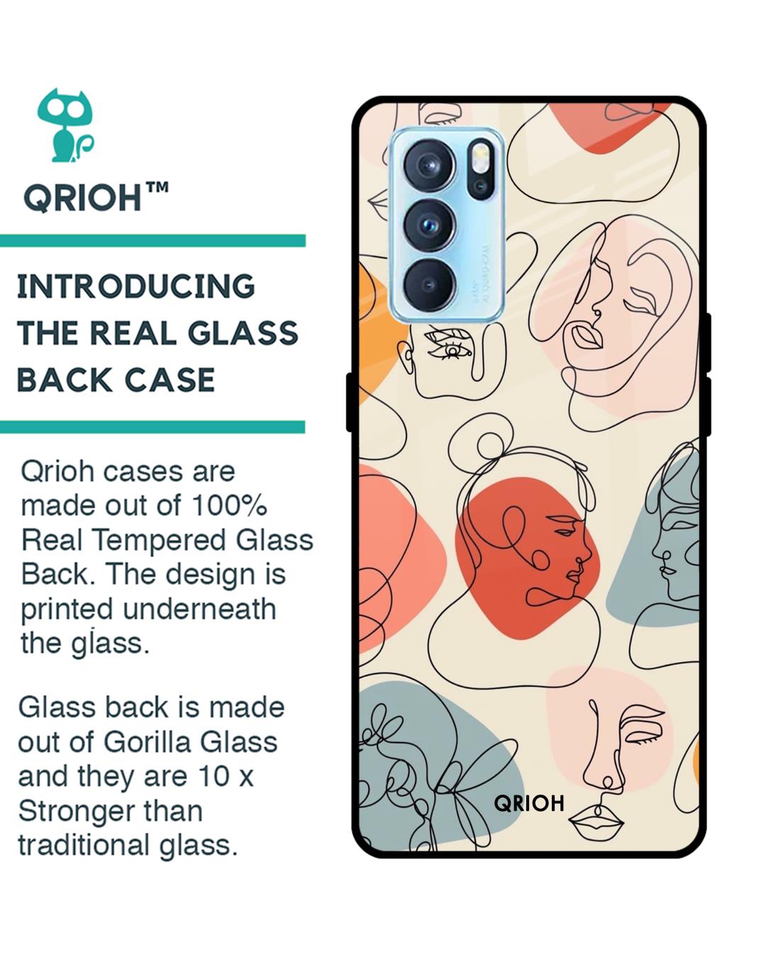 Shop Abstract Faces Printed Premium Glass Cover For Oppo Reno6 5G (Impact Resistant, Matte Finish)-Back