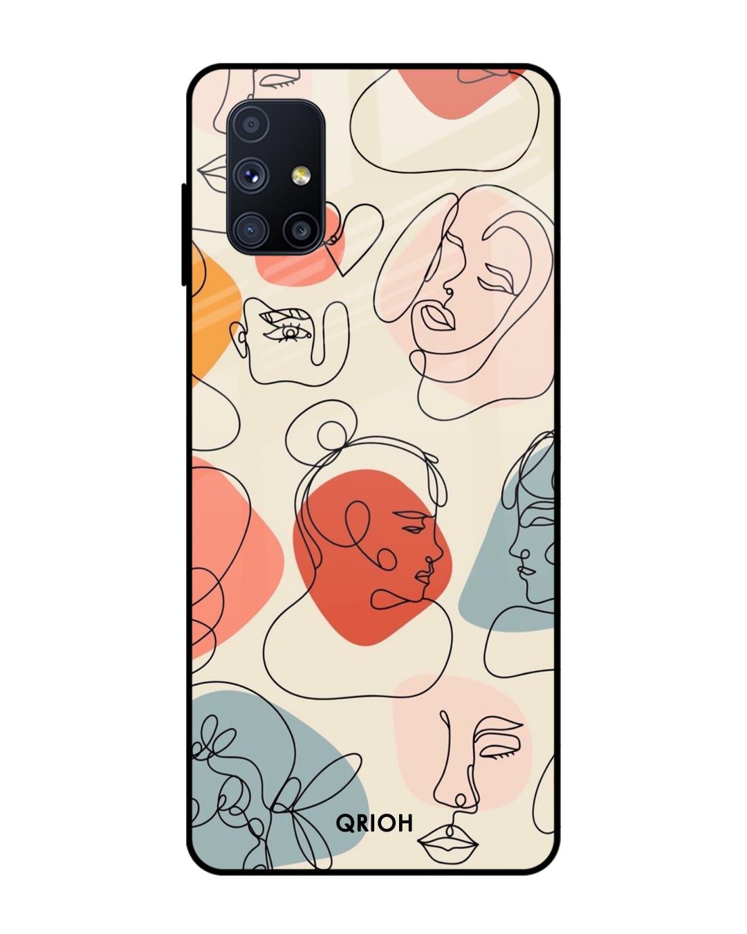Shop Abstract Faces Printed Premium Glass Cover For Samsung Galaxy M51(Impact Resistant, Matte Finish)-Back