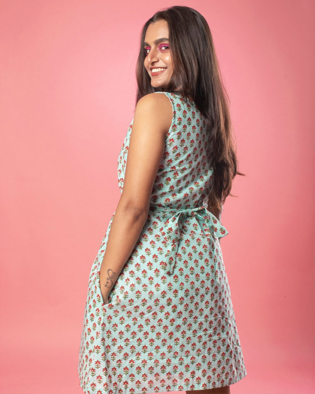 Shop Women's Blue Floral Handloom Dress - A Sustainable Fashion Project-Back